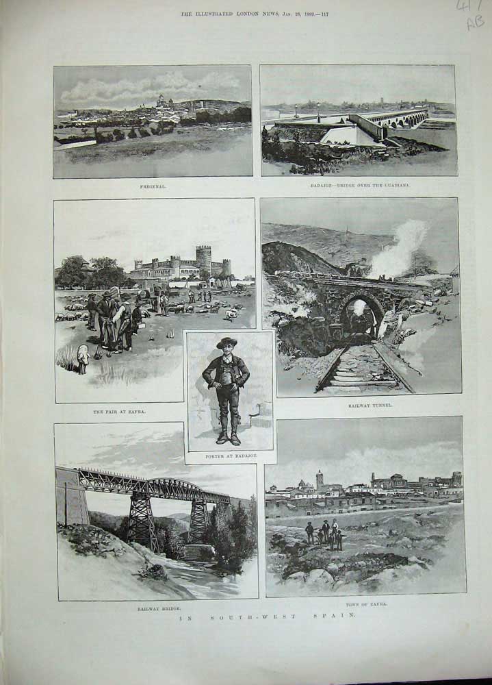 Old Antique Print 1889 Spain Railway Bridge Zafra Huelva Zafra Guadiana 19th