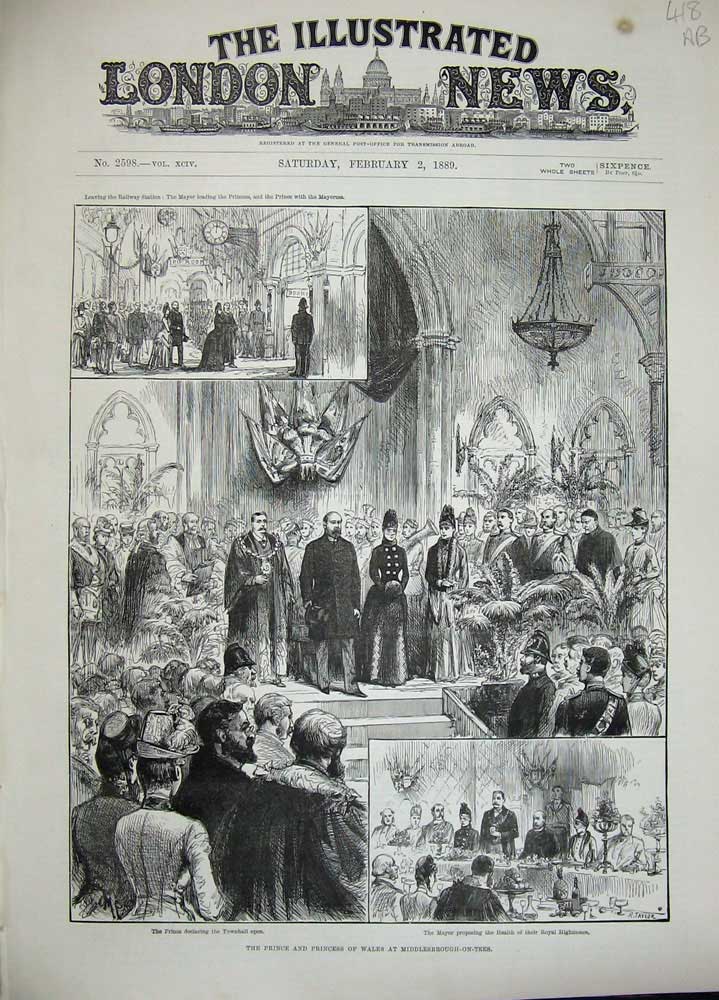 Antique Old Print 1889 Prince Wales Middlesbrough Dixon Hoskins Aske Hall 19th