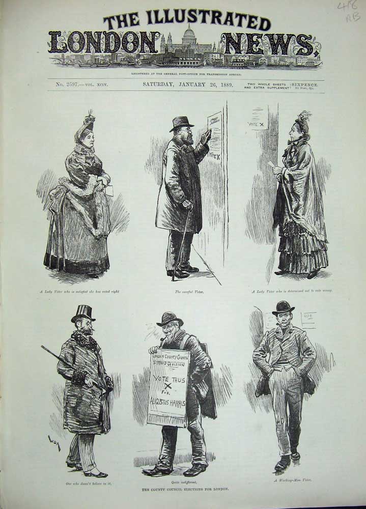 Old Antique Print 1889 County Council Elections London Men Members City 19th