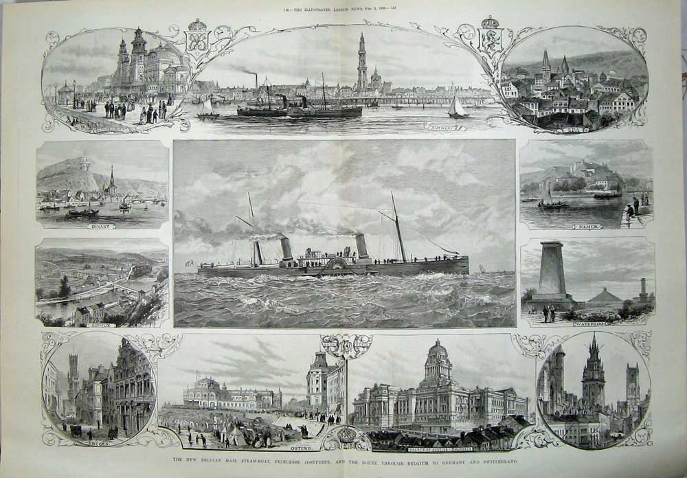 Old Antique Print 1889 Belgian Mail Steam Boat Princesse Josephine Ship 19th