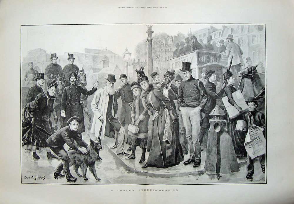 Original Old Antique Print 1889 London Street Crossing People Dog Town England