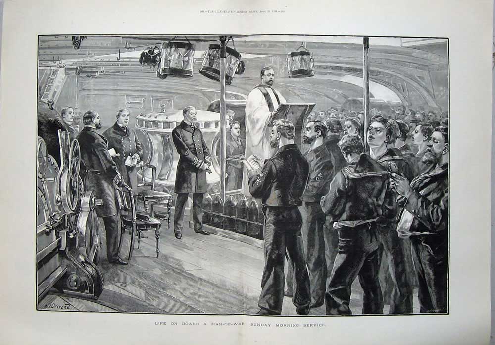 Old Antique Print 1889 Man-Of-War Ship Sunday Service Fishing Scotland 19th
