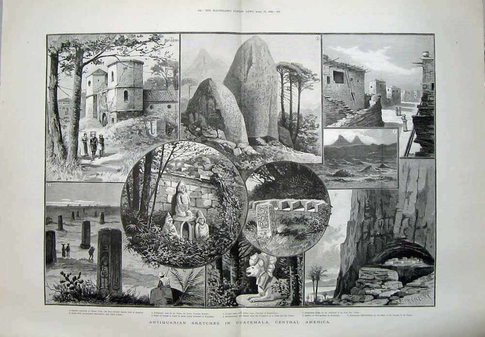 Antique Old Print 1889 Guatemala America Temple Eiffel Tower Paris France 19th