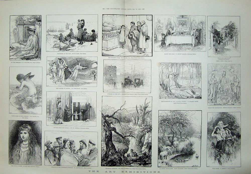 Old Antique Print 1889 Art Gallery Paintings Country People Sheep River 19th