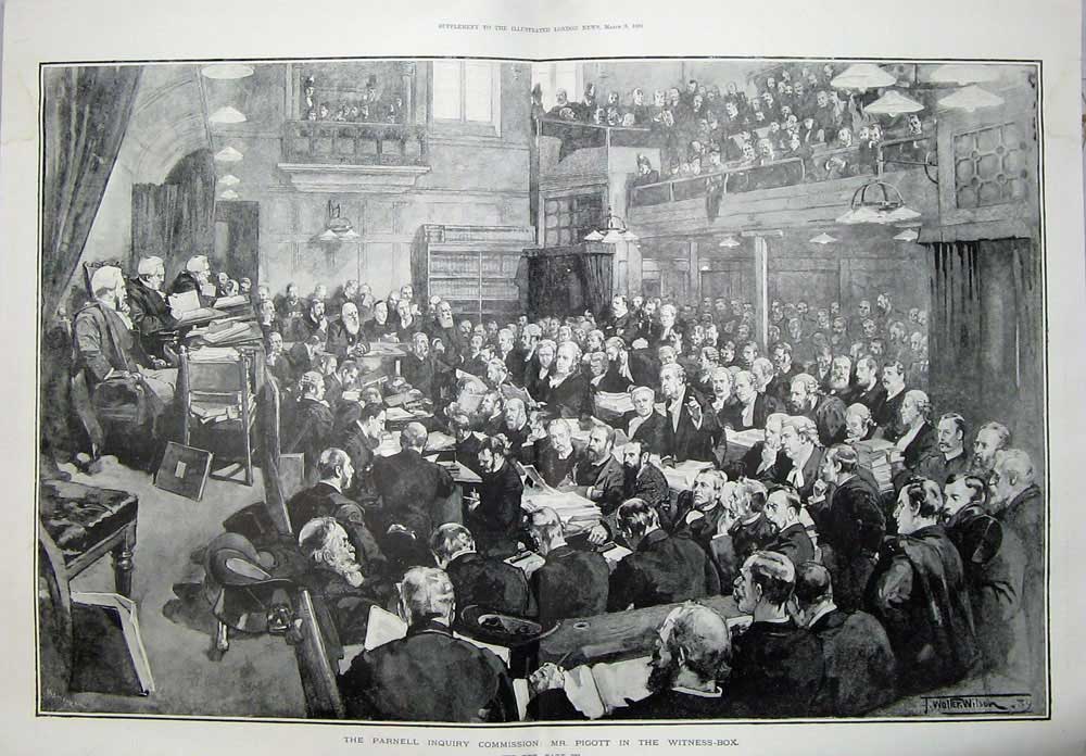Old Antique Print 1889 Parnell Inquiry Commission Pigott Witness Court 19th