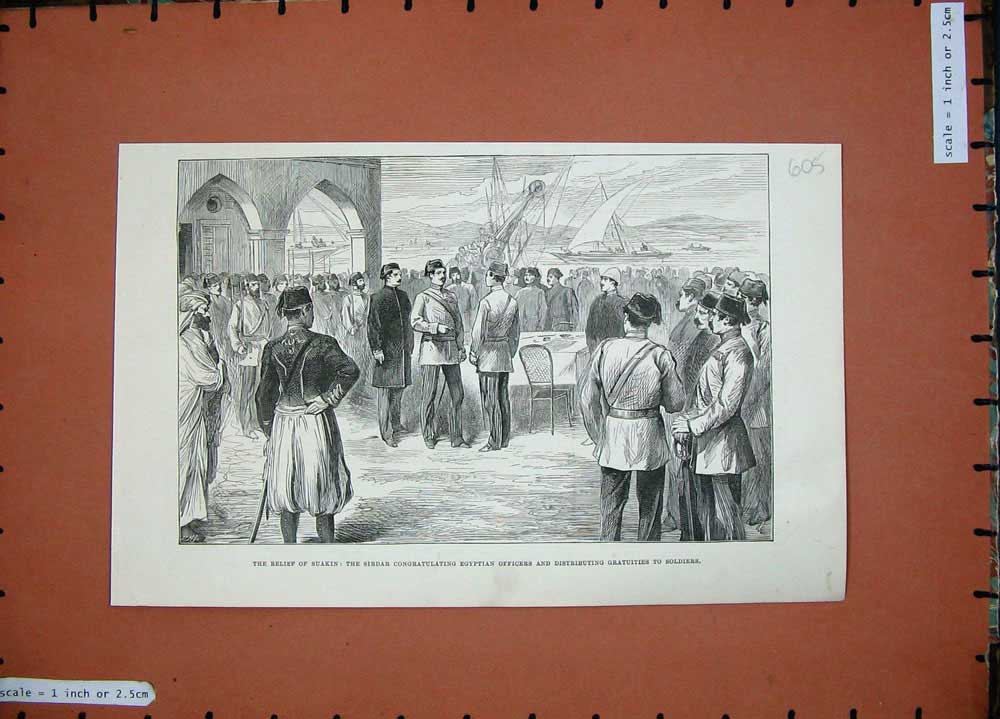 Original Old Antique Print 1889 Suakin Sirdar Egyptian Officers Siers War Men