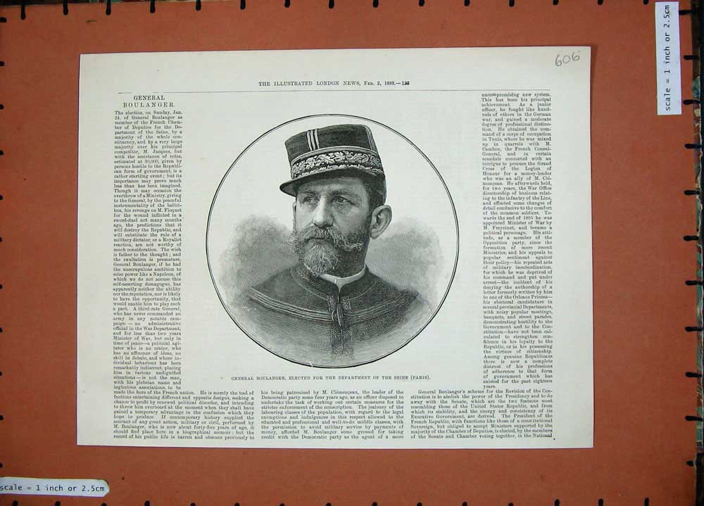 Original Old Antique Print 1889 General Boulanger French Siers War Army Man