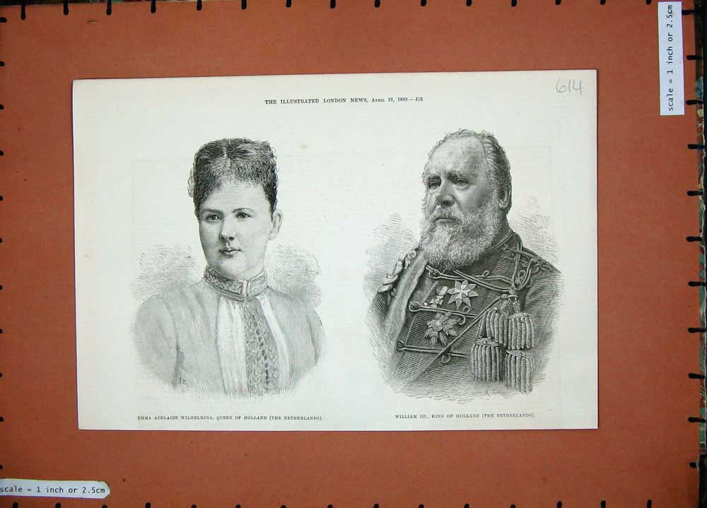 Original Old Antique Print 1889 Emma Adelaide Wilhelmina Queen Holland William