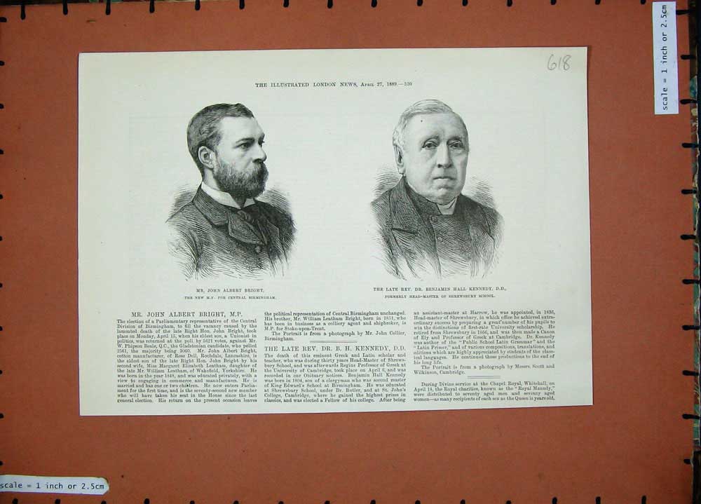 Original Old Antique Print 1889 John Albert Bright Benjamin Hall Kennedy School