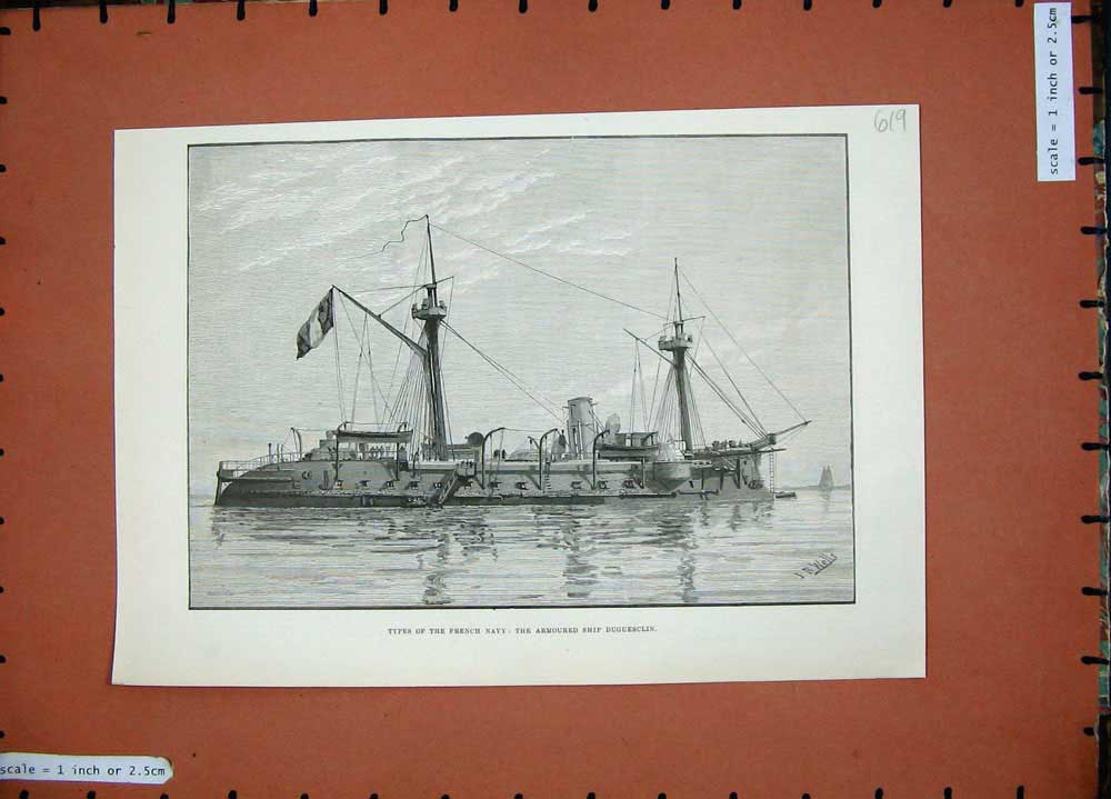 Original Old Antique Print 1889 French Navy Ship Armoured Duguesclin War Sea