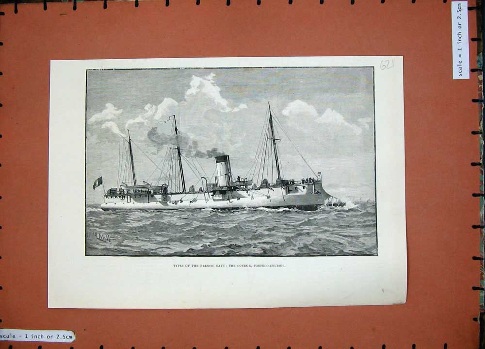 Original Old Antique Print 1889 French Navy Ship War Condor Torpedo Cruiser Sea