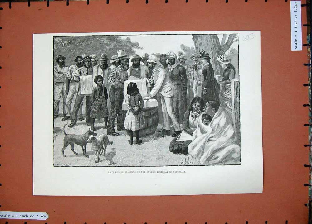 Original Old Antique Print 1889 People Distributing Blankets Queen Australia