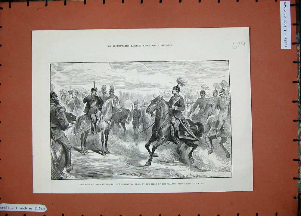 Original Old Antique Print 1889 King Italy Berlin German Emperor Guards Siers