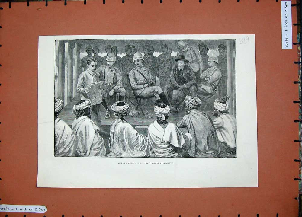 Original Old Antique Print 1889 Durbar Losshai Expedition Siers War Uniform Men