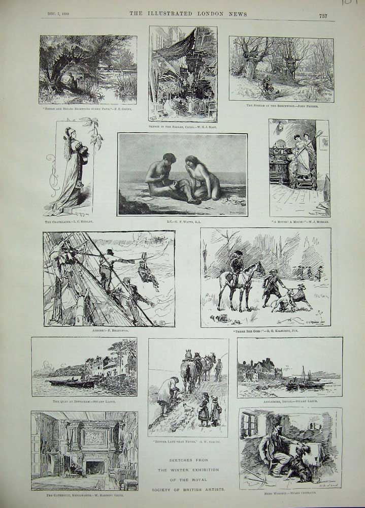 Original Old Antique Print 1889 Sketches Winter Exhibition Royal Society Artist
