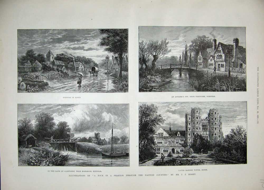 Old Antique Print 1889 Essex Angler'S Inn Thetford Norfolk Marney Tower 19th