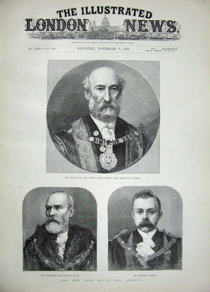 Old Antique Print 1889 Henry Isaacs Mayor London Alderman Harris Sheriff 19th
