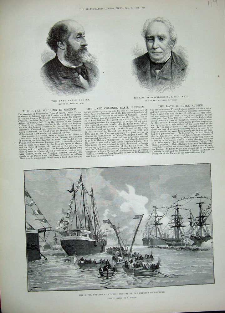 Original Old Antique Print 1889 Royal Wedding Athens Ship Emile Augier Jackson