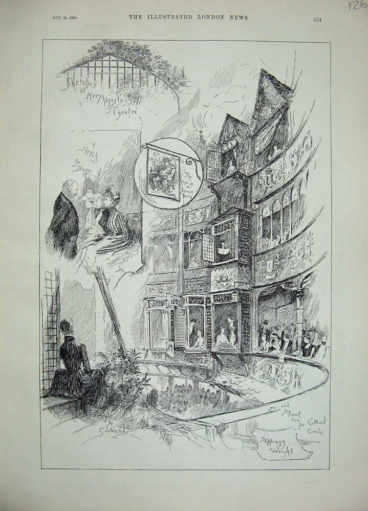 Original Old Antique Print 1889 Sketches Her Majesty Theatre Grand Circle Boxes