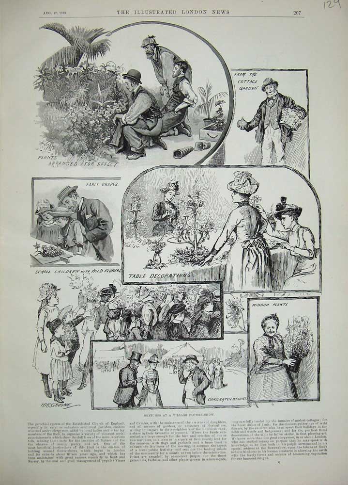 Old Antique Print 1889 Village Flower Show Plants Nature Table Decoration 19th