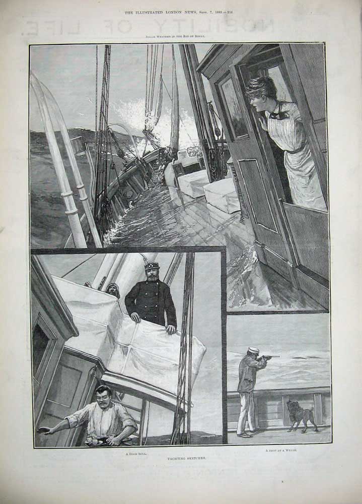 Old Antique Print 1889 Christening San Jose Chile Ship Sailing Shooting 19th