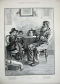 Old Antique Print 1889 Rainey Fine Art Man Smoking Pipe Little Children 19th