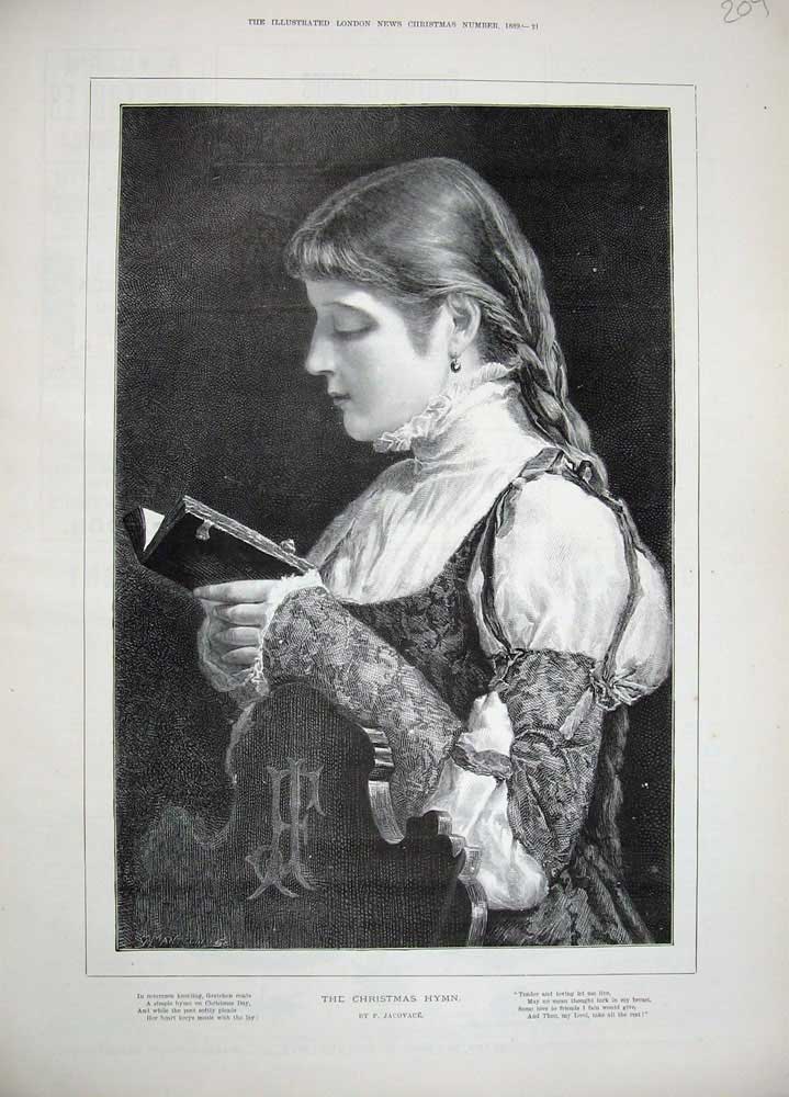 Old Antique Print 1889 Jacovace Fine Art Young Girl Christmas Hymn Book 19th