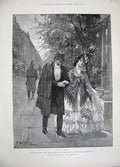 Old Antique Print 1889 Nicolet Fine Art Man Lady Romance Street Town City 19th