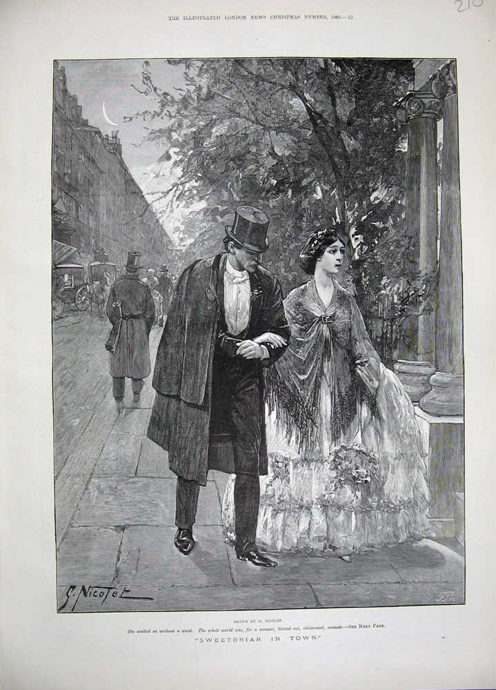 Old Antique Print 1889 Nicolet Fine Art Man Lady Romance Street Town City 19th