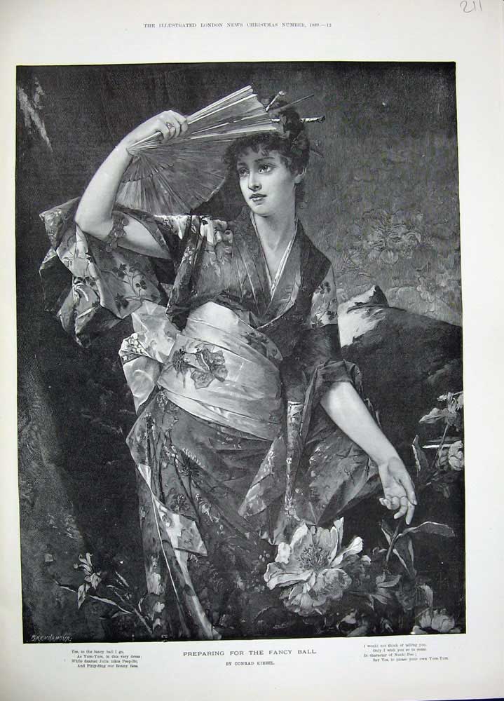 Old Antique Print 1889 Kiesel Fine Art Beautiful Woman Fancy Dress Ball 19th