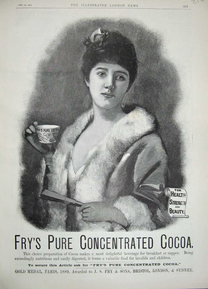 Old Antique Print 1889 Advertisement Fry'S Concentrated Cocoa Drink Lady 19th