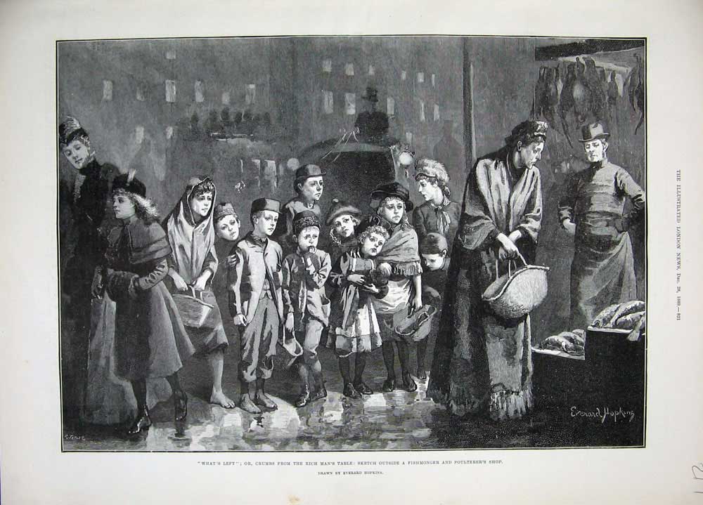 Old Antique Print 1889 Hopkins Fine Art Children Fishmongers Shops Town 19th