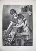 Old Antique Print 1889 Christmas Pudding Little Girl Mother Pudding Goose 19th