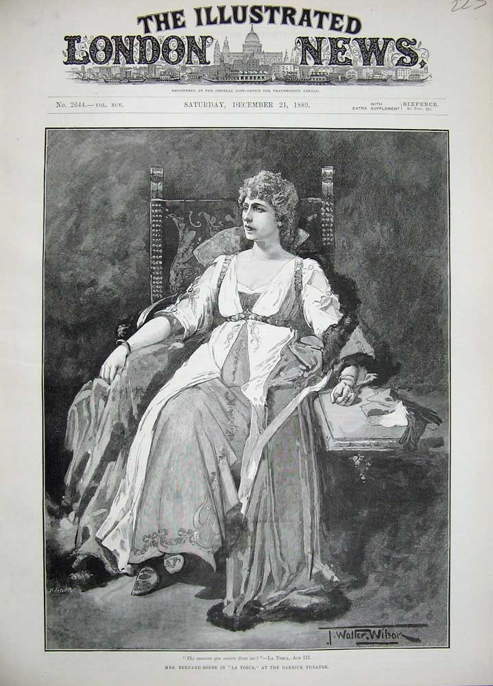 Original Old Antique Print 1889 Garrick Theatre Mrs Bernard-Beere La Tosca Lady