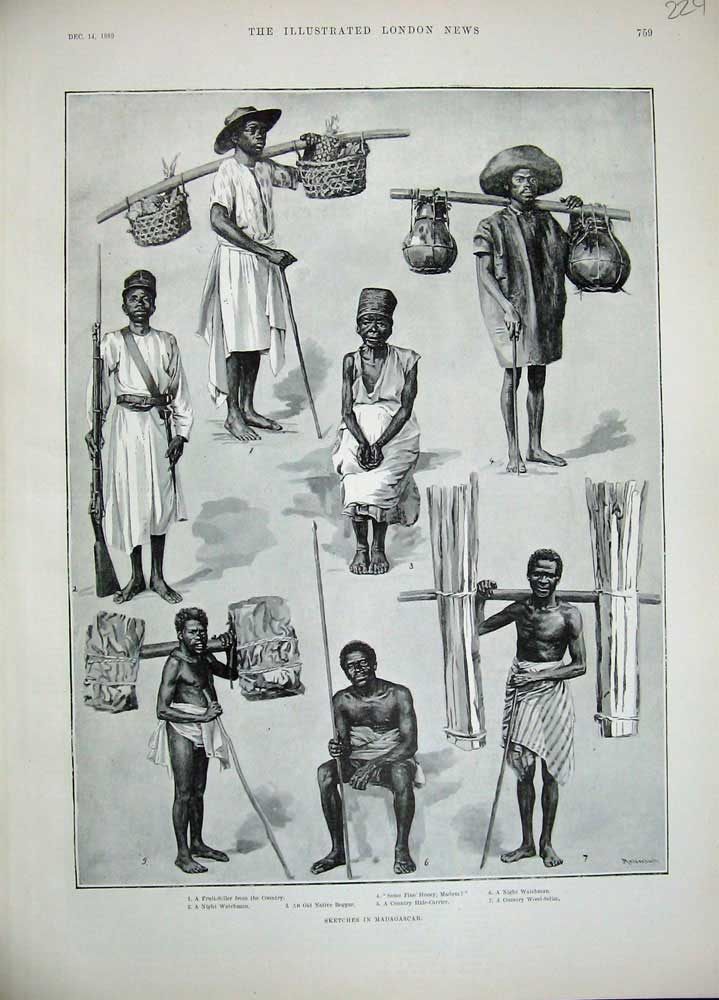 Original Old Antique Print 1889 Madagascar Native Beggar Men Fruit Seller Work