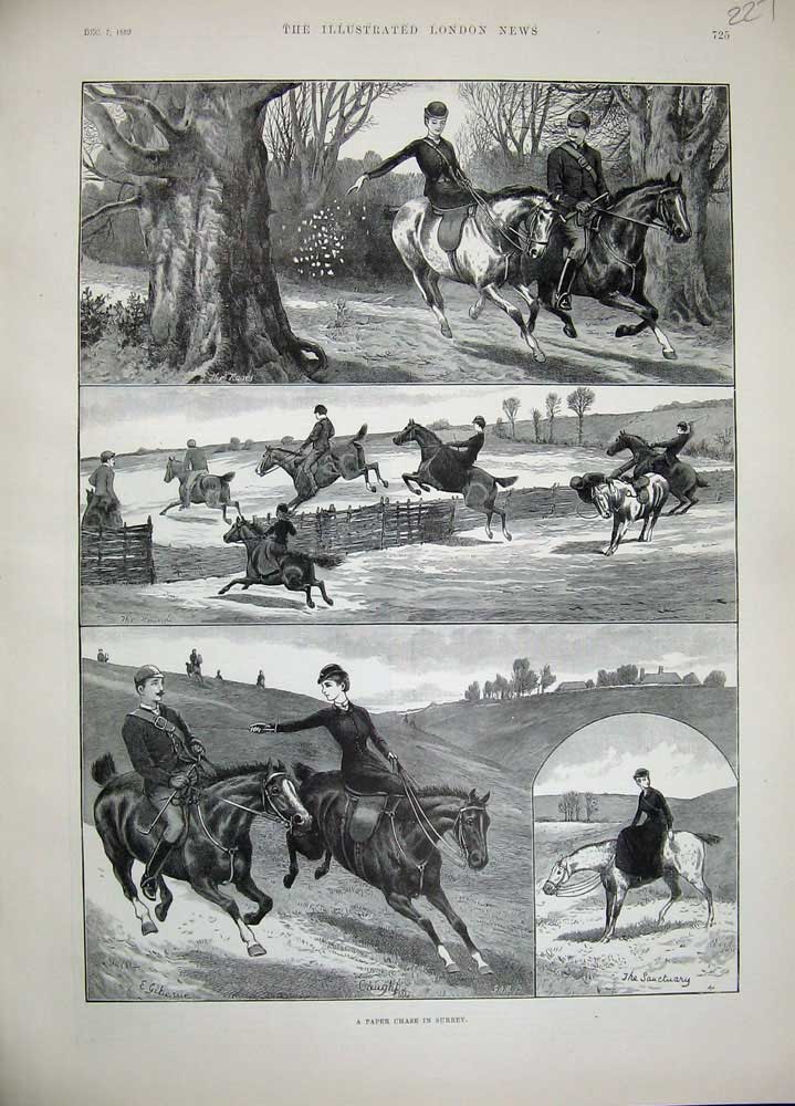 Original Old Antique Print 1889 Horses Country Paper Chase Surrey Sport Trees