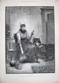 Original Old Antique Print 1889 Young Fine Art Mother Bed-Pan Baby Cradle House
