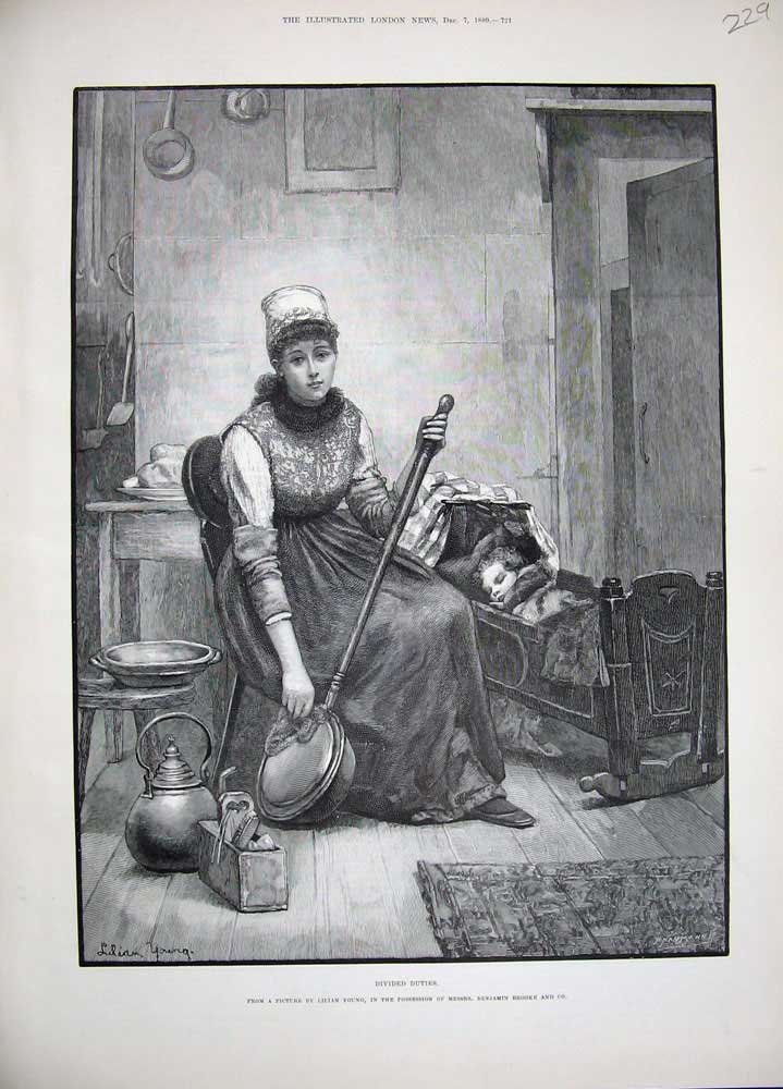 Original Old Antique Print 1889 Young Fine Art Mother Bed-Pan Baby Cradle House
