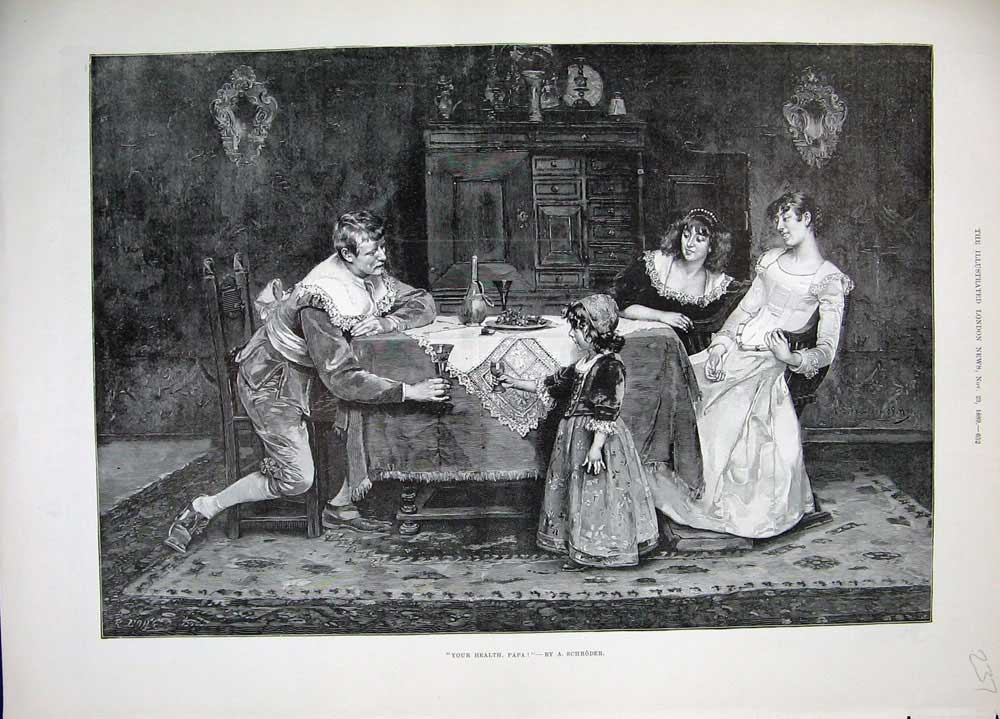 Old Antique Print 1889 Schroder Fine Art Family Dinner Table Wine Table 19th