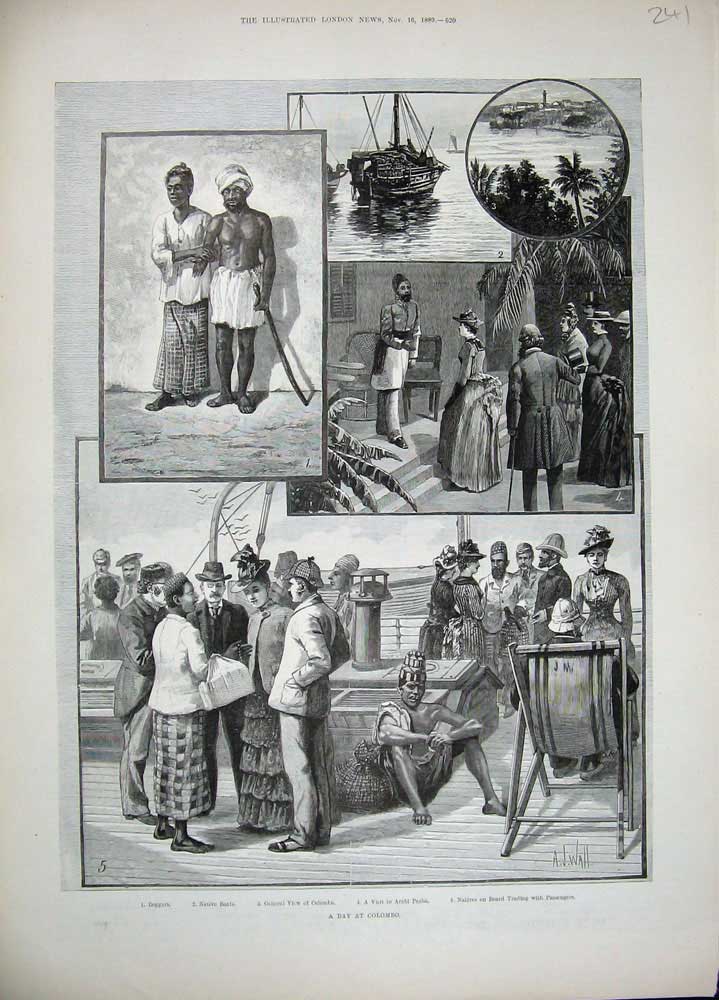 Original Old Antique Print 1889 Colombo Native Beggars Boats Arabi Pasha Ships