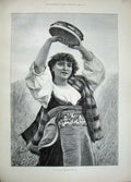 Original Old Antique Print 1889 Beautiful Lady Music Italian Reaper'S Festival