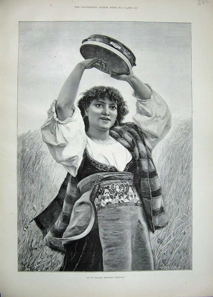 Original Old Antique Print 1889 Beautiful Lady Music Italian Reaper'S Festival