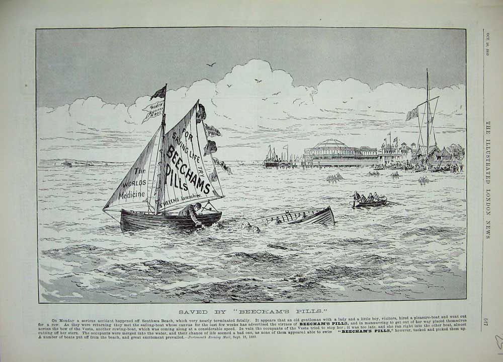 Original Old Antique Print 1889 Advertisement Beechams Pills Ships Pier 19th