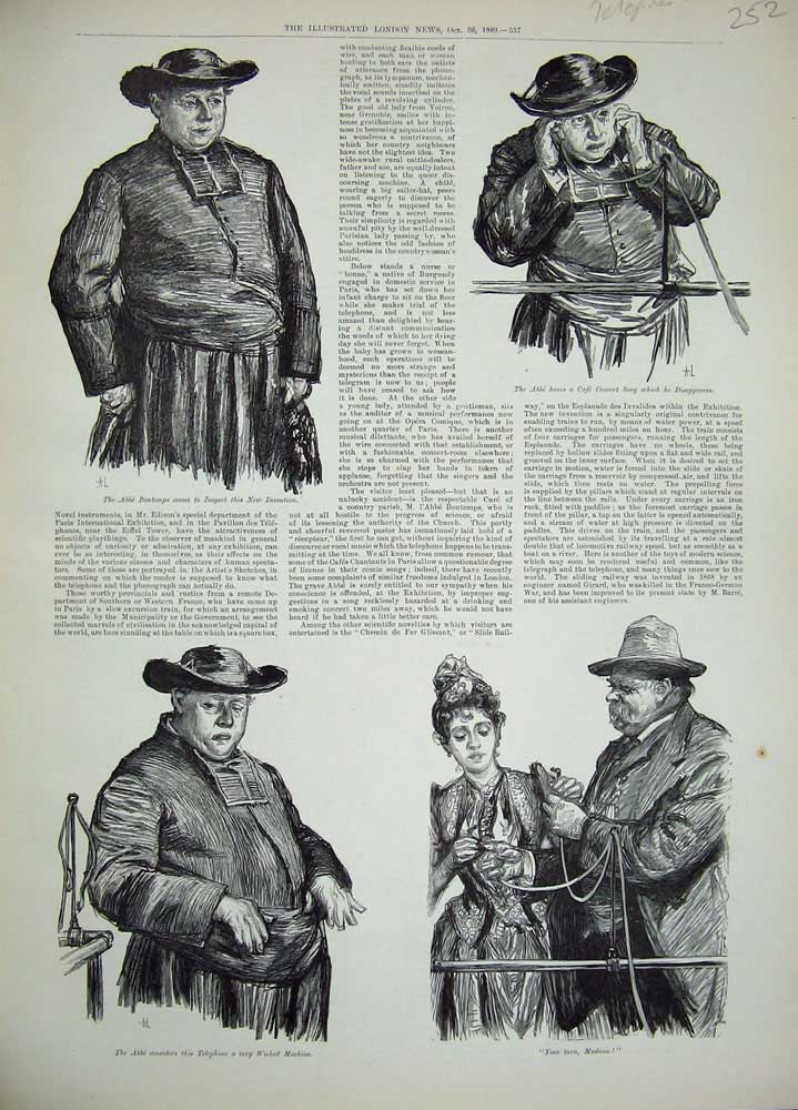Original Old Antique Print 1889 Telephone Invention Abbe Bontemps Music Man