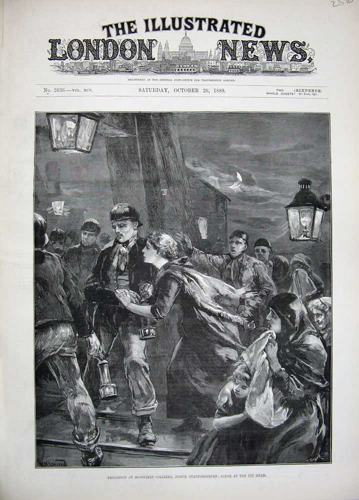 Original Old Antique Print 1889 Explosion Mossfield Colliery Staffordshire Pit