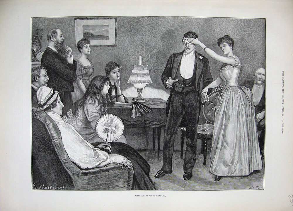 Original Old Antique Print 1889 Amateut Thought-Reading Ladies Men Meting 19th
