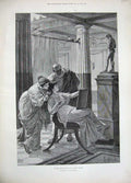 Original Old Antique Print 1889 Artist Atrium Hall Roman House Lady Statue Art