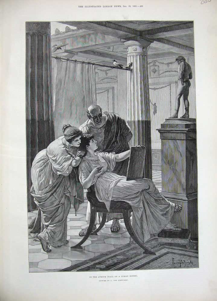 Original Old Antique Print 1889 Artist Atrium Hall Roman House Lady Statue Art
