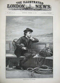 Old Antique Print 1889 Chevalier Fie Art Little Boy Boat Violin Music Sea 19th