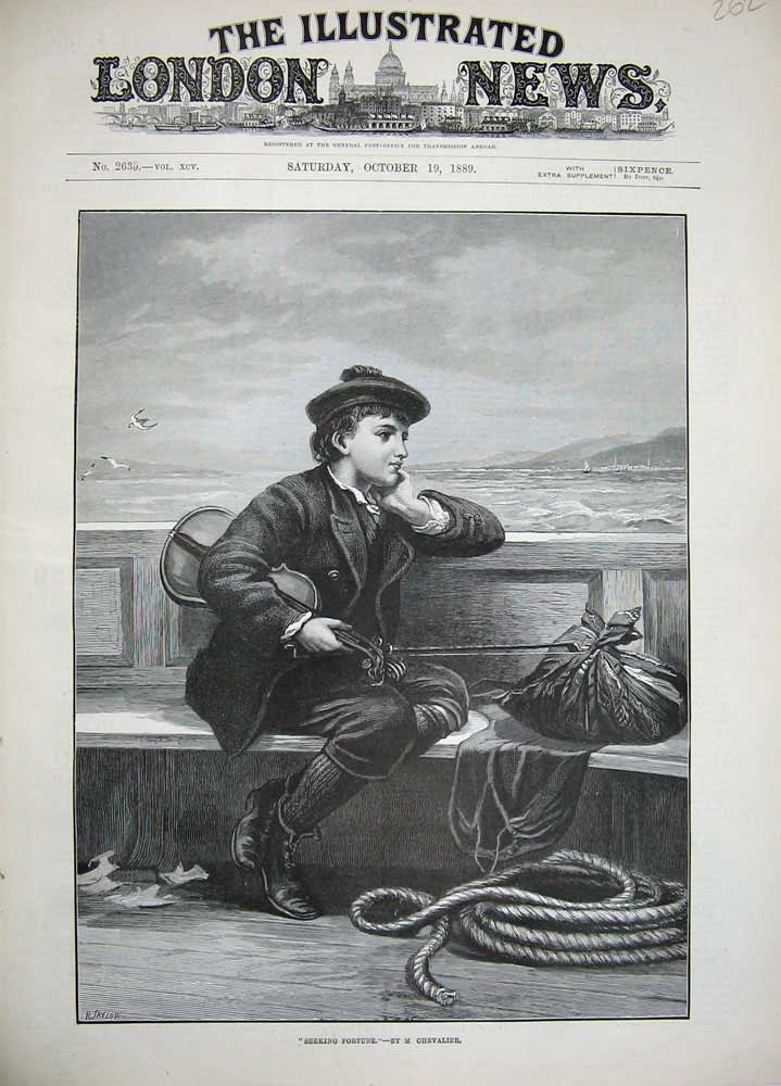 Old Antique Print 1889 Chevalier Fie Art Little Boy Boat Violin Music Sea 19th